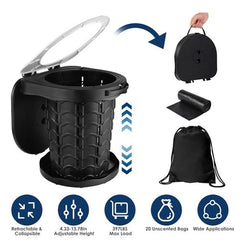 Retractable Portable Toilet – Collapsible Adult Potty with Adjustable Height, Lid, 20 Waste Bags & Carry Bag – Emergency Toilet Kit for Camping, Travel, Outdoors