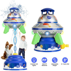 iMounTEK UFO Water Sprinkler for Kids – 360° Rotating Outdoor Garden Sprinkler with LED Lights, Adjustable Spray Height