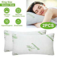 2-Pack Bamboo Memory Foam Pillows – Hypoallergenic Shredded Foam Bed Pillows with Washable Covers for Head & Neck Support – Queen Size