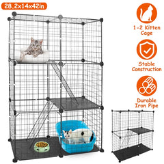 3-Tier Large Cat Playpen Cage – Metal Indoor Cat House with 3 Doors, 2 Ladders, Detachable Design for 1–2 Cats