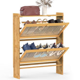 2-Tier Slim Bamboo Shoe Cabinet with 2 Flip Drawers – Freestanding Narrow Shoe Rack Organizer for Entryway or Hallway, Max Load 44lbs Multicolor