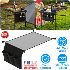 Hanging Storage Net for Camping Table – Under-Table Foldable Organizer with 3 Side Pockets & 4 Corner Clips, Tear-Resistant Mesh for Outdoor Camping, Hiking & Fishing (Fits 35.43x23.62in Tables)