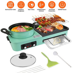 3-in-1 Smart Electric Korean BBQ Grill & Hot Pot Combo – Independent Heat Control, 1600W