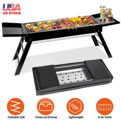 NewHome Portable Foldable Charcoal BBQ Grill – Stainless Steel Tabletop Outdoor Barbecue with Side Shelf for Camping, Picnic, Backyard & Outdoor Parties