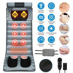 Full Body Heated Vibrating Massage Mat with Neck & Foot Massage Pillow, Adjustable Intensity, and Soft Lumbar Support – Portable Massage Mattress Pad for Home & Office Use