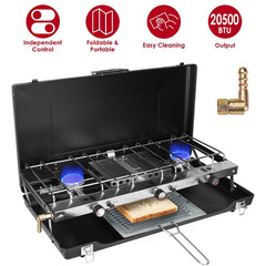 3-Burner Portable Propane Camping Stove – 20,000 BTU Foldable Gas Grill with Windshield & Toast Tray for Outdoor Cooking, RV, and BBQ