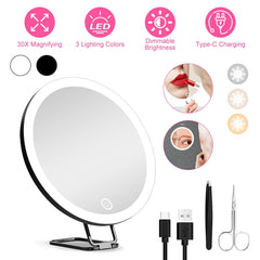 30X Magnifying Makeup Mirror with Light – 3 Color Modes, Dimmable Brightness, 360° Adjustable, Travel Mirror with Suction Cup, Tweezer & Scissor Included