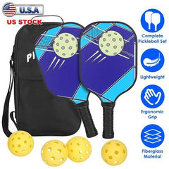Pickleball Set 2 Fiberglass Paddles 4 Outdoor Indoor Balls Portable Carry Bag 2 Cooling Towel Lightweight Ergonomic Grip for Beginners Pros