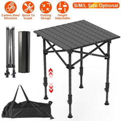 Ultra-Sturdy Folding Camping Table – Adjustable Height, Roll-Up Top, Rustproof Steel, 55LBS Load