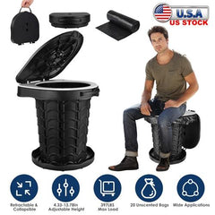 Retractable Portable Toilet – Collapsible Adult Potty with Adjustable Height, Lid, 20 Waste Bags & Carry Bag – Emergency Toilet Kit for Camping, Travel, Outdoors