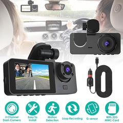 3-Channel Dash Cam with Front, Inside & Rear Cameras – 1080P Car DVR, G-Sensor, Motion Detection, Parking Monitor, Loop Recording – Includes 32GB Card