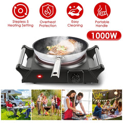 1000W Electric Single Burner Hot Plate – Portable Countertop Stove with 5 Stepless Temperature Adjustments & Handles