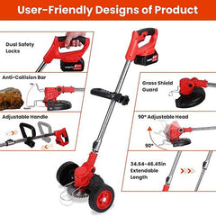 3-in-1 Cordless Grass Trimmer with Wheels – Adjustable Head, Telescopic Shaft & Rechargeable Battery