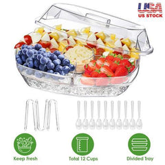 Fruit & Veggie Chilled Serving Tray with Lid - 4 Compartments, Perfect for Shrimp Cocktails, Appetizers, and Party Buffets Plates Sturdy