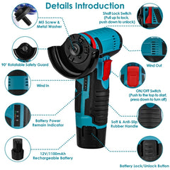 12V Cordless Angle Grinder Kit – Mini Polishing and Grinding Tool with 7 Discs, 2×1100mAh Batteries & Charger