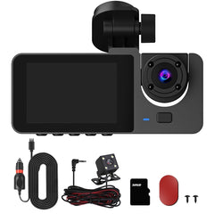 3-Channel Dash Cam with Front, Inside & Rear Cameras – 1080P Car DVR, G-Sensor, Motion Detection, Parking Monitor, Loop Recording – Includes 32GB Card