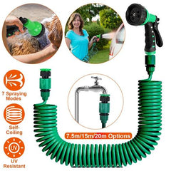 EVA Recoil Garden Hose – Flexible Self-Coiling Water Hose with 7 Spray Modes & Adapters