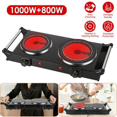 1800W Electric Double Burner Hot Plate – Portable Countertop Stove with 5 Stepless Temperature Adjustments & Handles