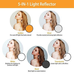 22.8In 5-in-1 Collapsible Photography Light Reflector Disc with Storage Bag - Translucent, Silver, Gold, White, Black Light Diffuser & Reflector Durable Steel