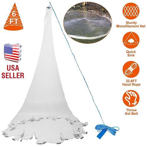 6ft Radius Fishing Cast Net – Easy Throw Hand Cast Net with Heavy Duty Chain Sinker Bottom for Bait Trap and Wide Spread