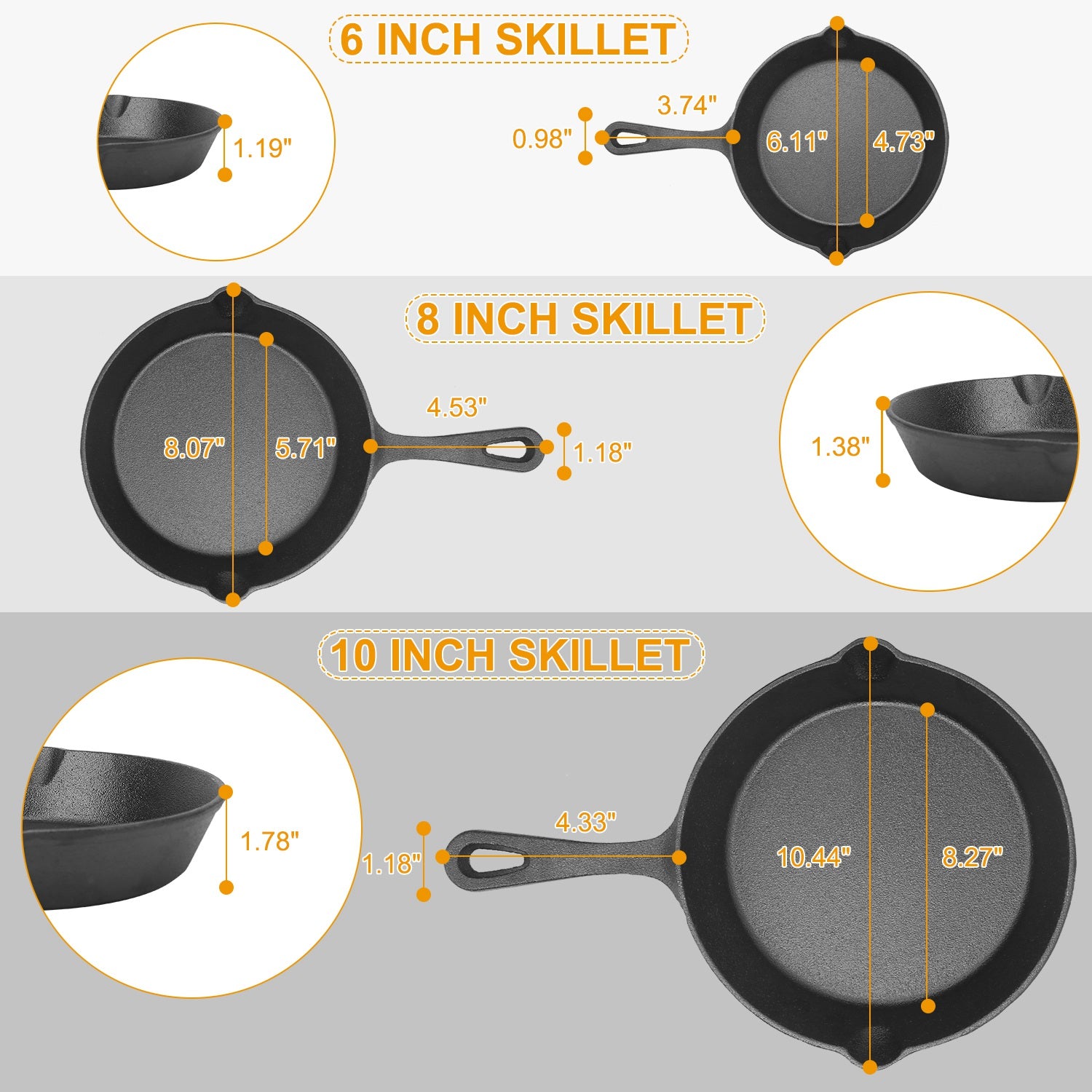 3-Piece Pre-Seasoned Cast Iron Skillet Set – 6", 8", 10" Frying Pans for Oven, Stove, and Grill