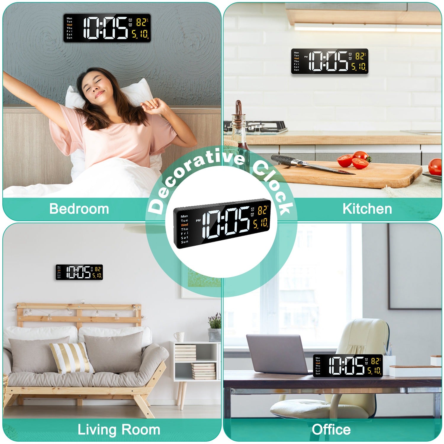 15.7in LED Digital Wall Clock with Remote, Adjustable Brightness, Alarms & Temperature Display