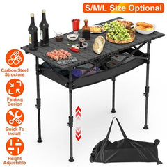 Portable Folding Camping Table 95CM – Adjustable Height, Rustproof Carbon Steel, Roll-Up Design with Hanging Storage Net – Perfect for Picnic, Hiking & Beach