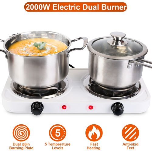 2000W Dual Coil Electric Hot Plate – Portable Countertop Stove with 5-Level Temperature Control & Non-Slip Feet – Ideal for RV, Dorm, or Kitchen Use