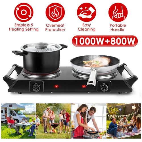 1800W Electric Double Burner Hot Plate – Portable Countertop Stove with 5 Stepless Temperature Adjustments & Handles