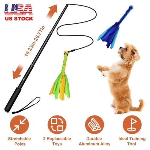 Extendable Dog Flirt Pole with Lure: 10.23-26.77in Teaser Wand & 2 Replaceable Interactive Tail Toys for Small, Medium & Large Dogs - Training & Exercise