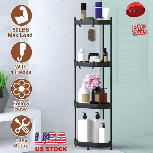 4-Tier Corner Shower Caddy Floor Stand - Carbon Steel Bathroom Storage Rack with 4 Hooks for Bathtub Organization Organiser Standing