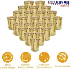 24 Pcs Gold Mercury Glass Votive Candle Holders – Shiny Tealight Holders for Wedding, Birthday Party, and Home Decoration Table Centerpieces Set Ornaments