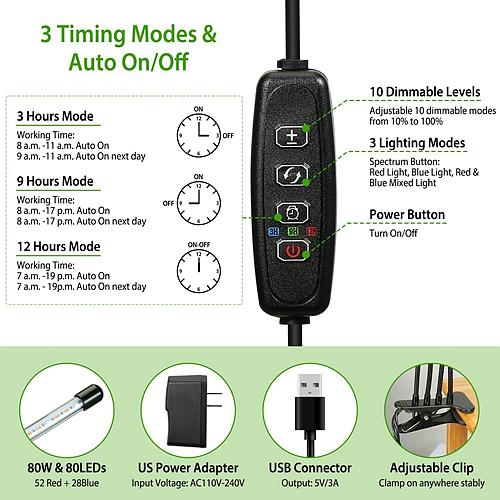 80W Plant Grow Light for Indoor Use – Full Spectrum LED with Timer, Gooseneck Arms, and 10 Dimmable Settings
