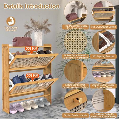 2-Tier Slim Bamboo Shoe Cabinet with 2 Flip Drawers – Freestanding Narrow Shoe Rack Organizer for Entryway or Hallway, Max Load 44lbs Multicolor