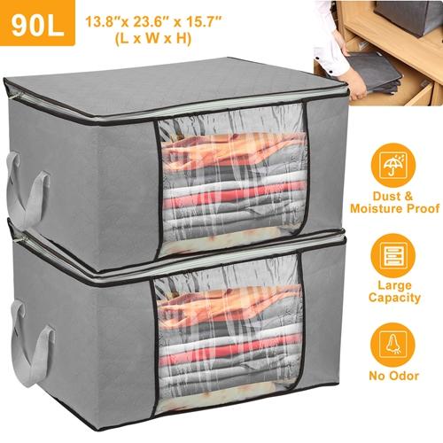 Set of 2 Large 90L Foldable Clothes Storage Bags - Durable Fabric with Clear Window, Dual Zippers, and Grey Color