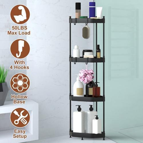 4-Tier Corner Shower Caddy Floor Stand - Carbon Steel Bathroom Storage Rack with 4 Hooks for Bathtub Organization Organiser Standing