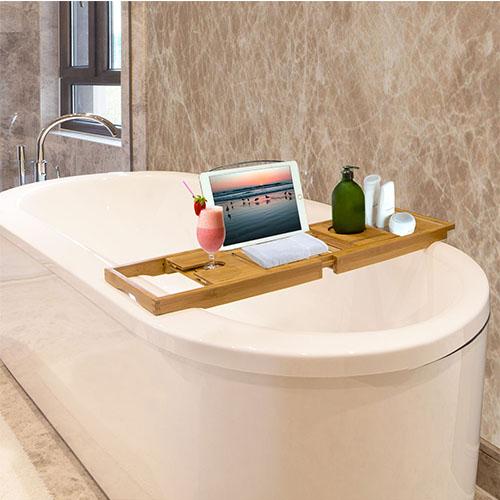 Bathtub Caddy Tray – Crafted Bamboo Bath Tray with Extendable Reading Rack, Tablet & Phone Holder, Wine Glass Holder, and Shelf for Bathroom Spa