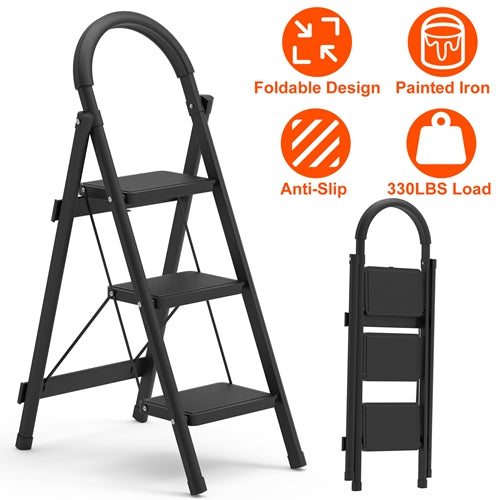 NewHome 3-Step Foldable Ladder – Heavy Duty 330 lbs Step Stool with Wide Anti-Slip Pedals, Safety Lock & Soft Grip Handle | Lightweight Portable Folding Ladder for Home & Kitchen