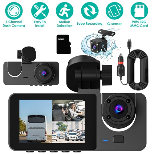 3-Channel Dash Cam with Front, Inside & Rear Cameras – 1080P Car DVR, G-Sensor, Motion Detection, Parking Monitor, Loop Recording – Includes 32GB Card