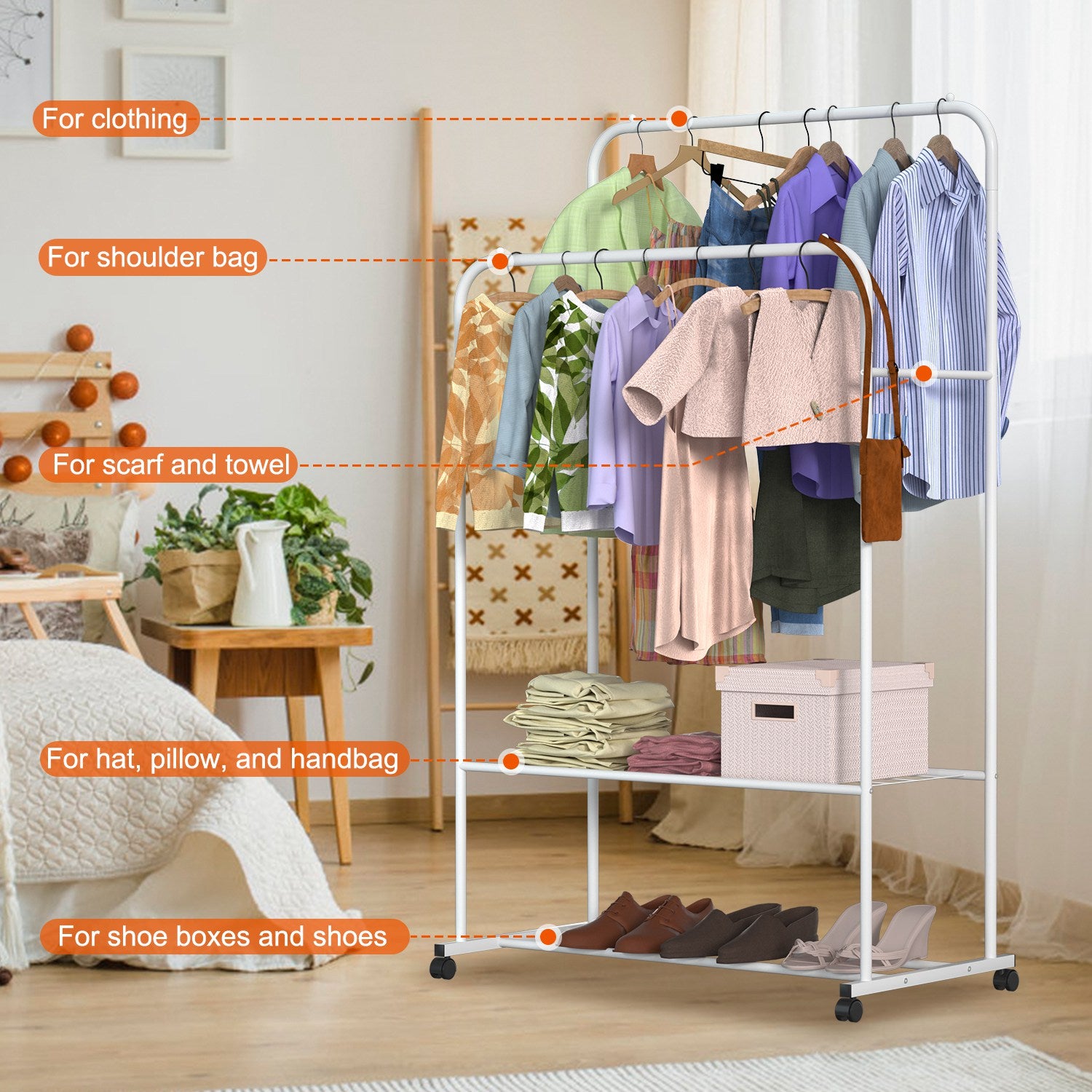 Stylish Garment Hanging Rack with Rolling Wheels – Organize Your Clothes & Accessories