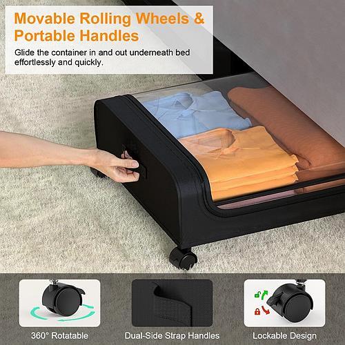 NewHome 2-Pack Rolling Under Bed Storage Containers with Clear Lids – 42L/11Gal Clothing Organizers for Easy Access and Space-Saving Boxes Bin
