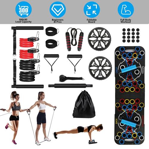 Multifunctional Push Up Board – Home Strength Training Equipment with 15 Fitness Accessories, Pilates Bar, Resistance Band, Roller Wheel for Full Body Workout