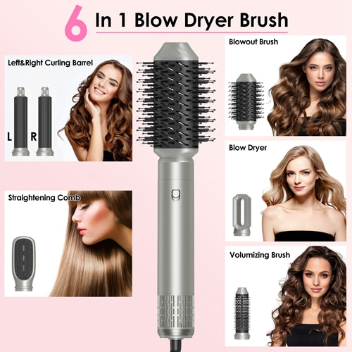6-in-1 Hot Air Styler Brush Set – Dryer, Volumizer, Straightener & Curler with Auto Wrap, 3 Temp Settings, ALCI Plug & Accessories