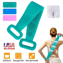 Silicone Back Scrubber Belt for Shower – Exfoliating Body Wash Strap with Massage Dots, Bristles, and Adhesive Hook Bath Brush