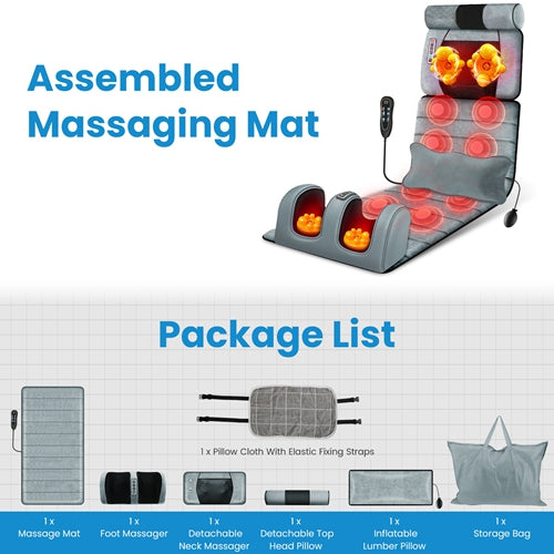 Full Body Heated Vibrating Massage Mat with Neck & Foot Massage Pillow, Adjustable Intensity, and Soft Lumbar Support – Portable Massage Mattress Pad for Home & Office Use