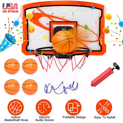 Indoor Mini Basketball Hoop with Audio Scorer & 4 Balls – Fun for Kids & Adults!