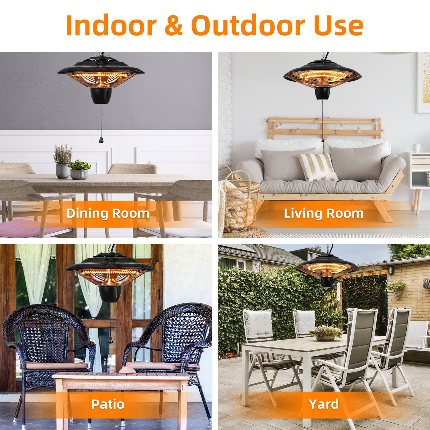 1500W Outdoor Hanging Patio Heater – Ultra-Quiet, Waterproof, & Adjustable Heat for Cozy Evenings