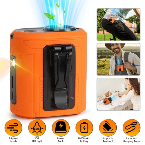 5-in-1 Wearable Waist Clip Fan with Flashlight – 10000mAh Rechargeable Turbo Fan with 5 Speeds, Hands-Free Belt & Neck Fan for Camping, Travel & Outdoors