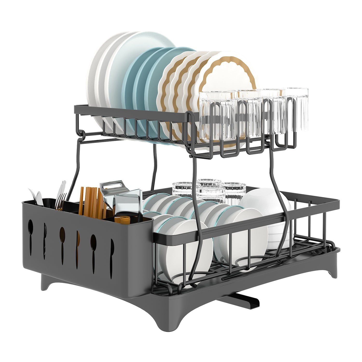 Dish Drying Rack with Drainboard - 2-Tier Detachable Organizer for Kitchen Counter