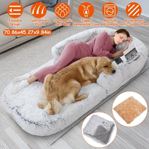 Large Foldable Human-Sized Dog Bed with Pillow & Blanket – Plush Flurry Napping Bed for Pets & Kids – Machine Washable with Zipped Removable Cover